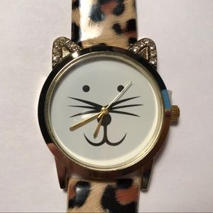 Cat Watch with Rhinestone Ears and Leopard Band